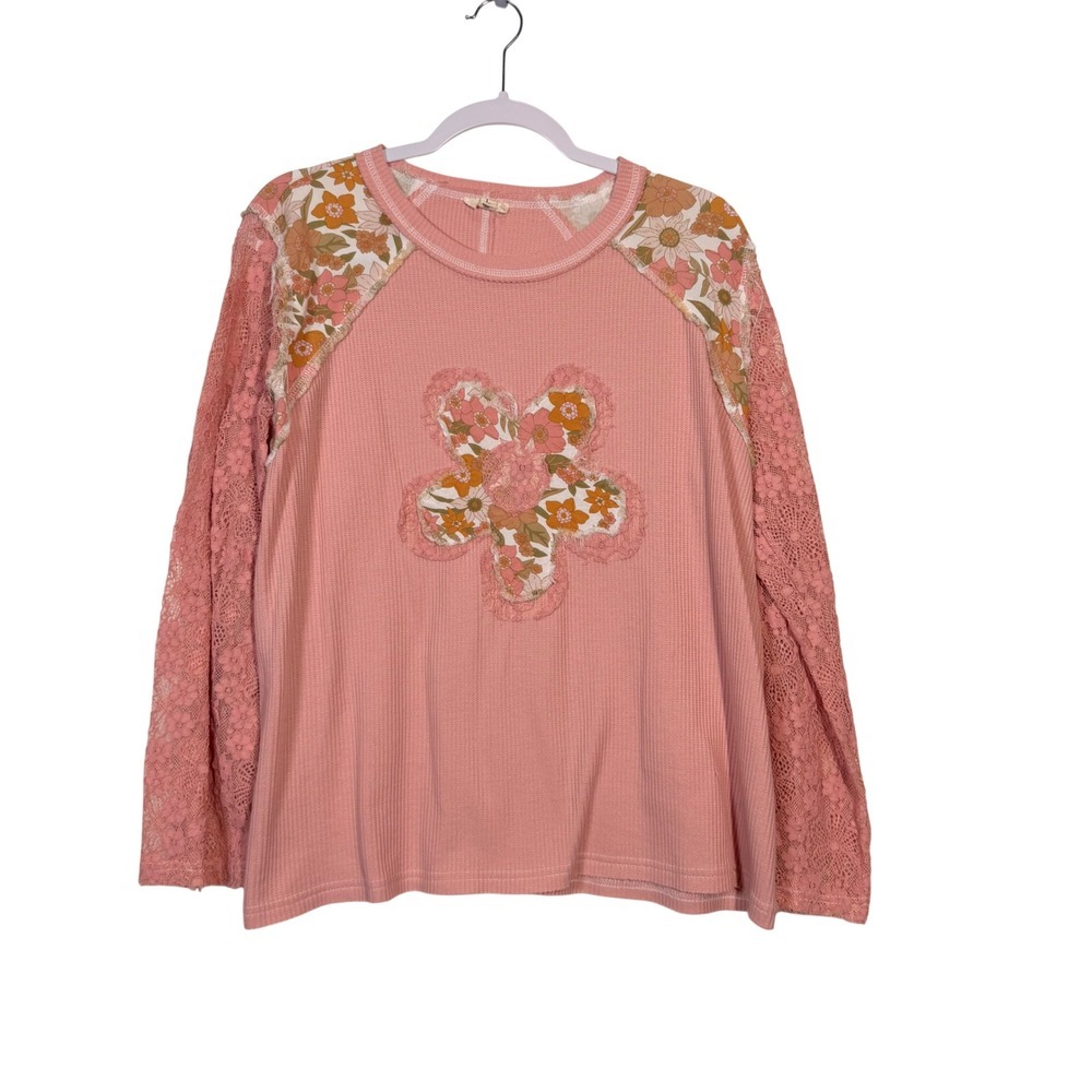 POL Pink Floral Lace Waffle Knit Long Lace Sleeve Top Size L YKT1297 Spring NWOT - Picture 2 of 8